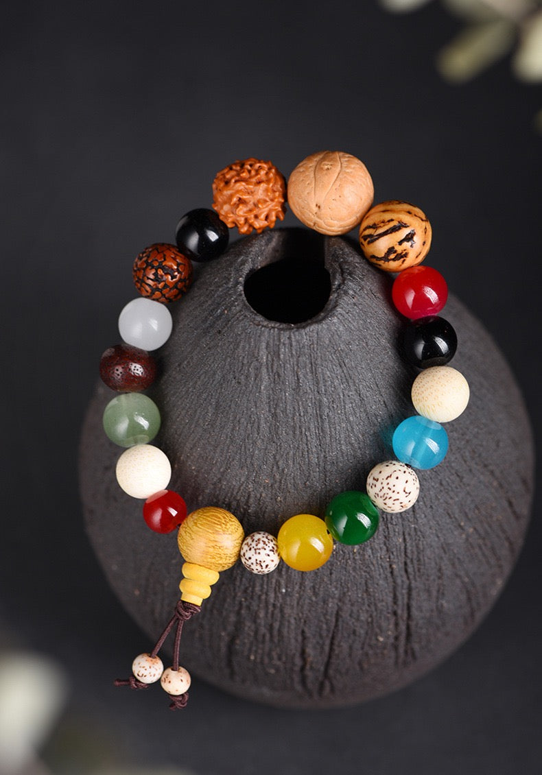 Pulsera multitesoro de 18 semillas de Lingyin; cuentas de Buda Bodhi; objetos coleccionables de estrellas y lunas