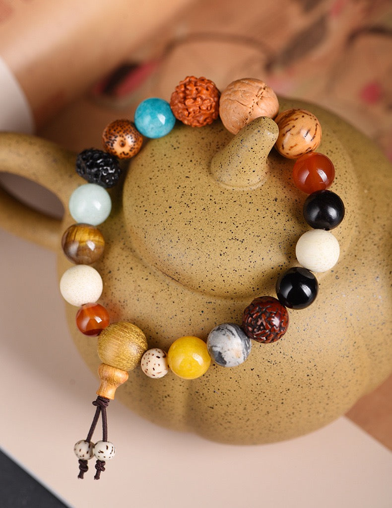 Pulsera multitesoro de 18 semillas de Lingyin; cuentas de Buda Bodhi; objetos coleccionables de estrellas y lunas
