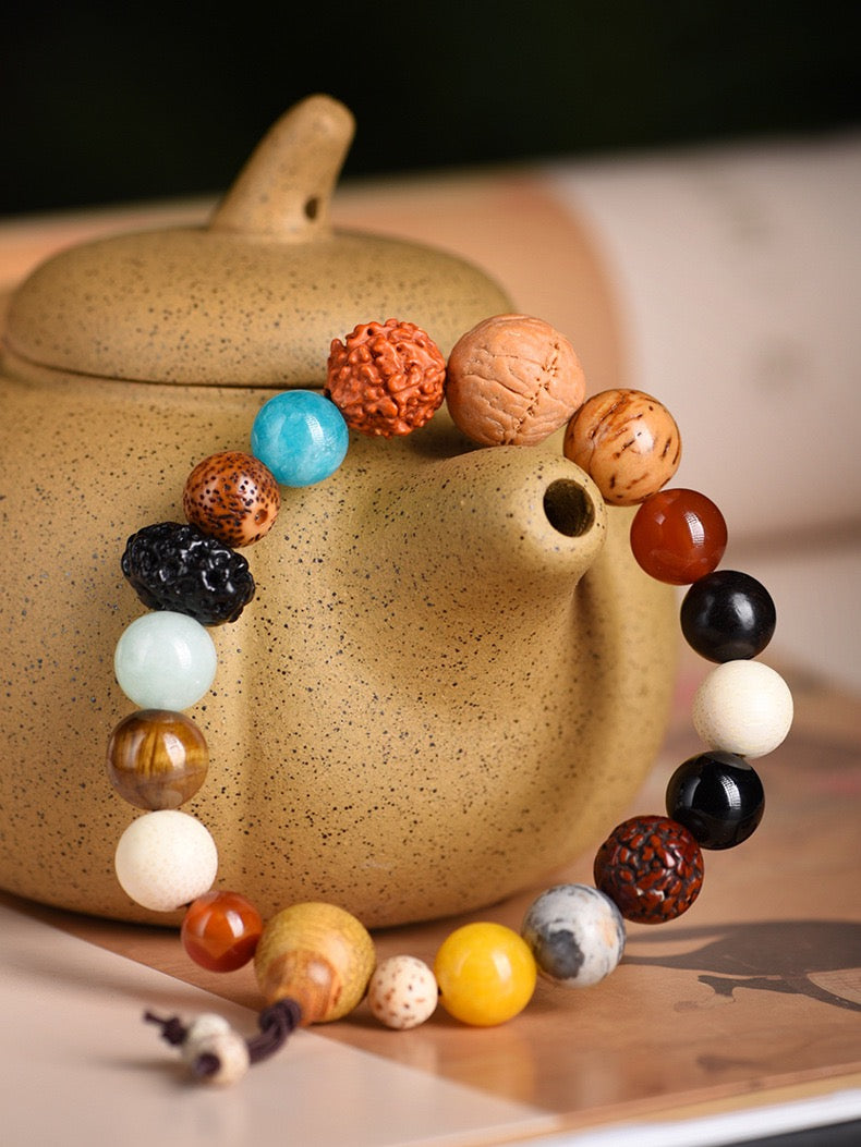 Pulsera multitesoro de 18 semillas de Lingyin; cuentas de Buda Bodhi; objetos coleccionables de estrellas y lunas