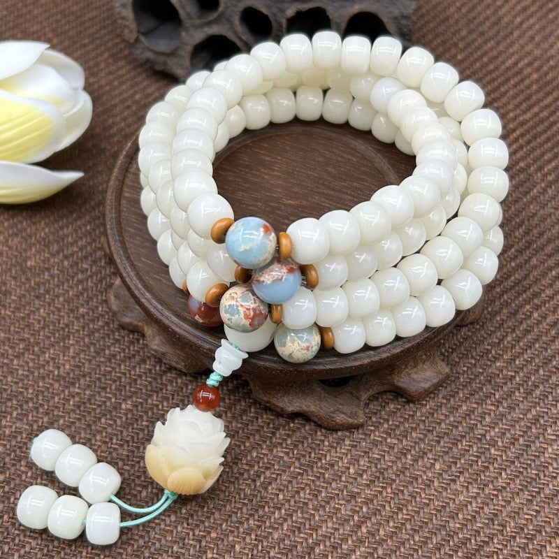 Raíz de bodhi de jade blanco con 108 cuentas; cuentas budistas; joyería de Feng Shui