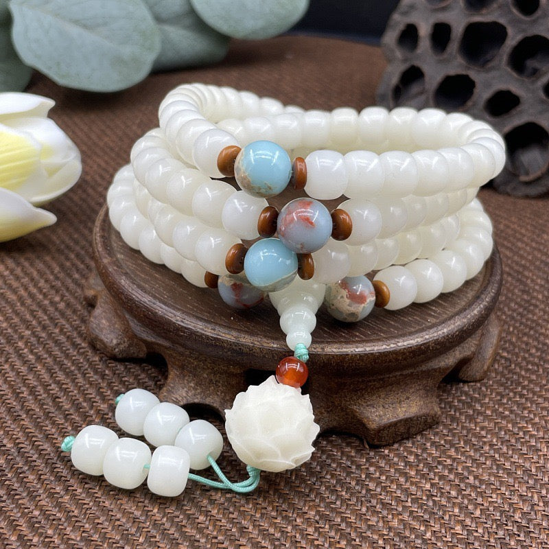 Raíz de bodhi de jade blanco con 108 cuentas; cuentas budistas; joyería de Feng Shui