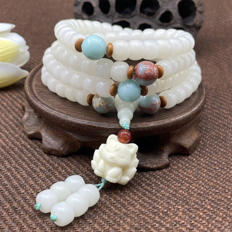 Raíz de bodhi de jade blanco con 108 cuentas; cuentas budistas; joyería de Feng Shui