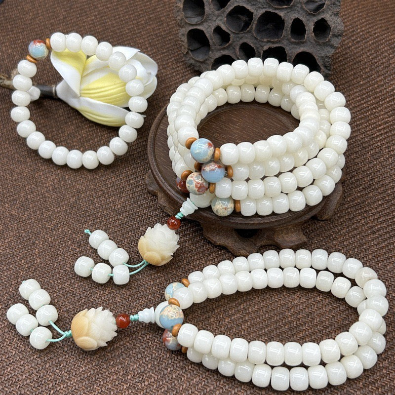 Raíz de bodhi de jade blanco con 108 cuentas; cuentas budistas; joyería de Feng Shui