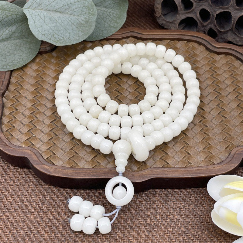 Raíz de bodhi de jade blanco con 108 cuentas; cuentas budistas; joyería de Feng Shui