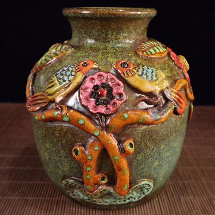 Antique;Porcelain; jar with relief flower and bird patterns