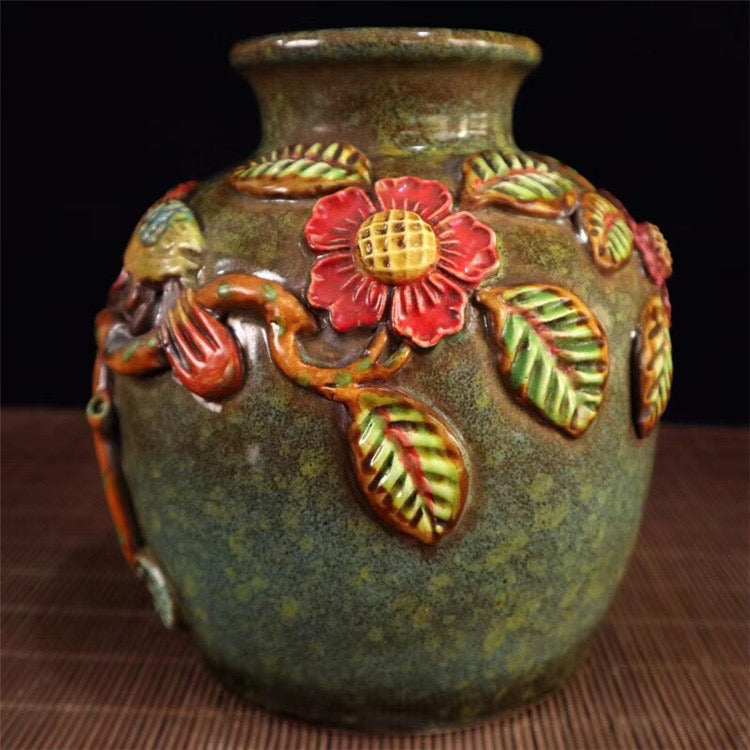Antique;Porcelain; jar with relief flower and bird patterns