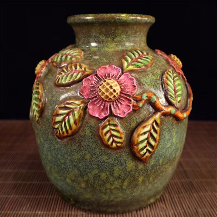 Antique;Porcelain; jar with relief flower and bird patterns