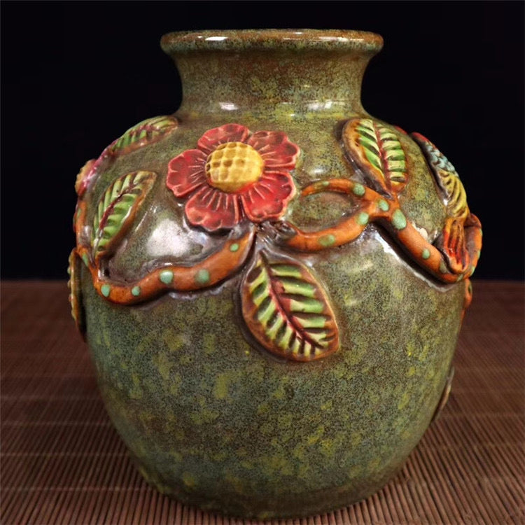 Antique;Porcelain; jar with relief flower and bird patterns