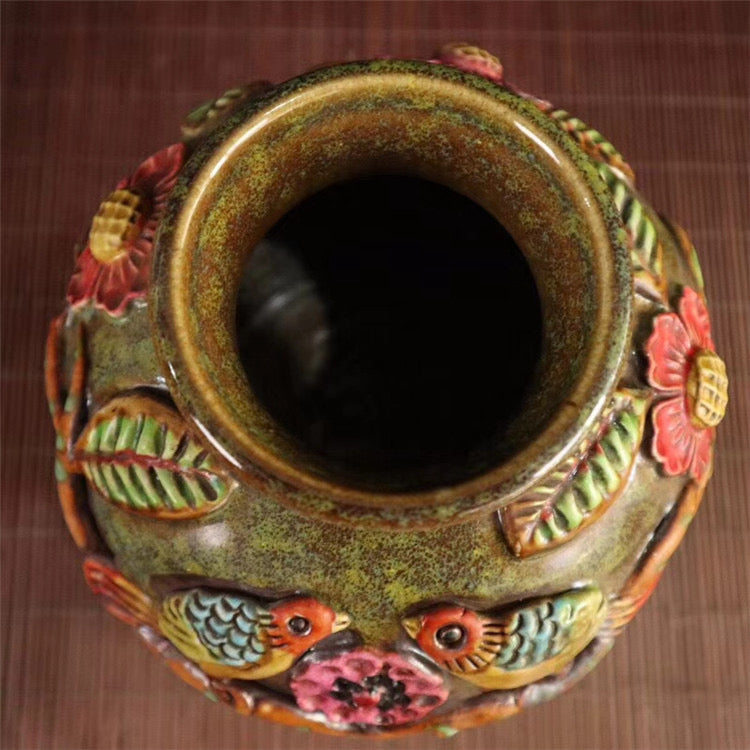 Antique;Porcelain; jar with relief flower and bird patterns