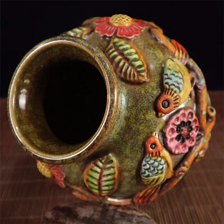 Antique;Porcelain; jar with relief flower and bird patterns