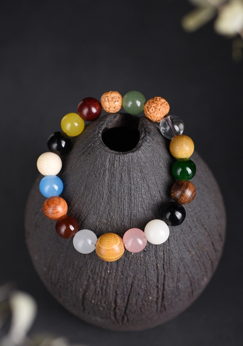 Bracelet multi-trésor à 18 graines de Lingyin ; perles de Bouddha Bodhi ; objets de collection Étoile et Lune