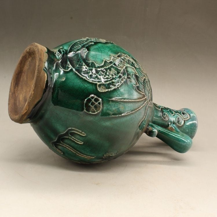 Green glaze relief vase; Feng Shui ornaments