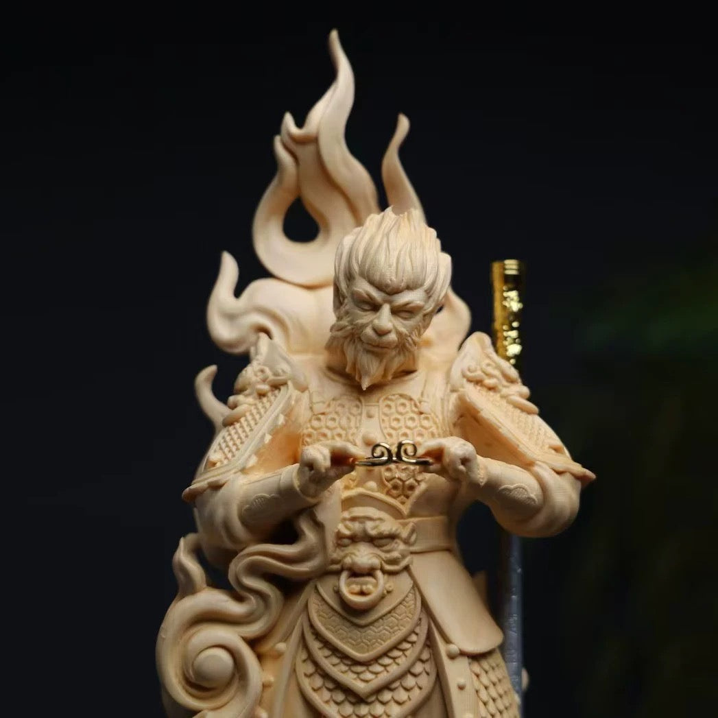 Black Wukong Myth Monkey King handmade wood carving; Feng Shui ornaments enhance the aura