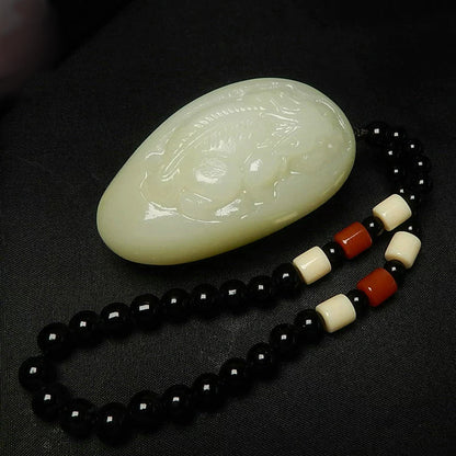 Exquisite Jade Pixiu with Black Bead Necklace - Feng Shui Wealth Enhancer